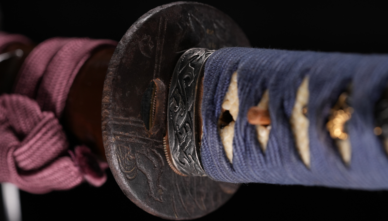Antieke Japanse zwaard Katana, Edo-periode, blauwe en bruine Koshirae