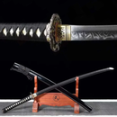 Black-handled Katana with intricate tsuba on a wooden stand, detailed blade and sheath, showcased against a black background. Tsuyo Katana .