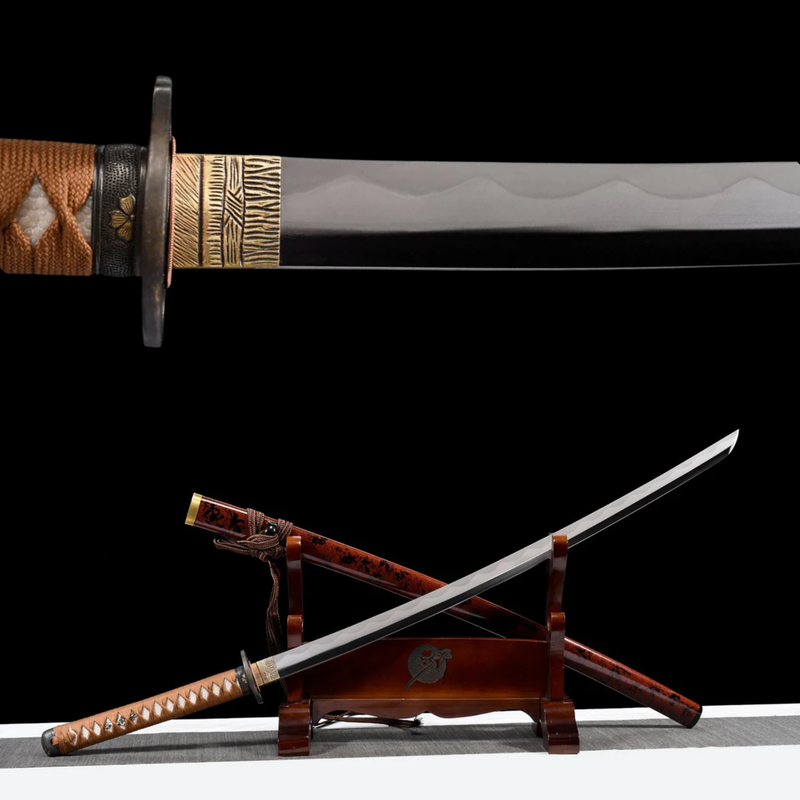 Rurouni Kenshin Katana with brown handle and intricate gold guard on black stand, sheath with red designs, blade shown close-up.