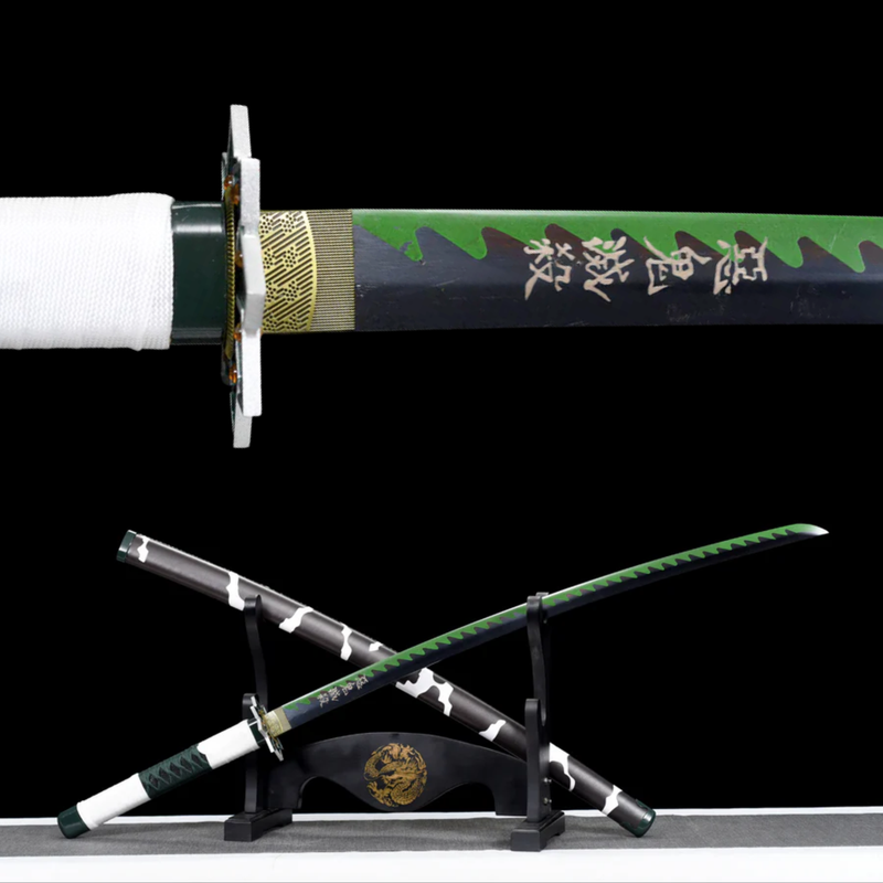 Close-up of a green and black katana blade with decorative symbols, white handle, and ornate display stand. Sanemi Shinazugawa Katana.