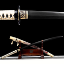 Two intricately designed katanas on a wooden stand, featuring a black blade and ivory handle with ornate patterns. Jin Katana .