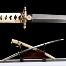 Golden-hilt katana with intricate designs, displayed crosswise on a wooden stand with sheath. Kamon Katana Kamon Katana .