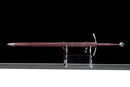 Templar Medieval Longsword — Manganese, Brown leather grip, steel, green gem, brown leather scabbard, tooled.