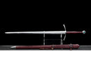 Templar Medieval Longsword — Manganese, Brown leather grip, steel, green gem, brown leather scabbard, tooled.