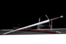 Templar Medieval Longsword — Manganese, Brown leather grip, steel, green gem, brown leather scabbard, tooled.