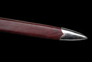 Templar Medieval Longsword — Manganese, Brown leather grip, steel, green gem, brown leather scabbard, tooled.