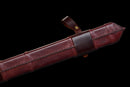 Templar Medieval Longsword — Manganese, Brown leather grip, steel, green gem, brown leather scabbard, tooled.