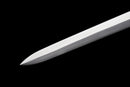 Templar Medieval Longsword — Manganese, Brown leather grip, steel, green gem, brown leather scabbard, tooled.