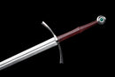 Templar Medieval Longsword — Manganese, Brown leather grip, steel, green gem, brown leather scabbard, tooled.