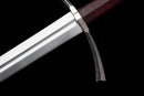 Templar Medieval Longsword — Manganese, Brown leather grip, steel, green gem, brown leather scabbard, tooled.