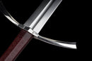 Templar Medieval Longsword — Manganese, Brown leather grip, steel, green gem, brown leather scabbard, tooled.