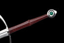 Templar Medieval Longsword — Manganese, Brown leather grip, steel, green gem, brown leather scabbard, tooled.