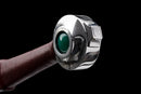 Templar Medieval Longsword — Manganese, Brown leather grip, steel, green gem, brown leather scabbard, tooled.