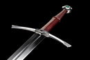 Templar Medieval Longsword — Manganese, Brown leather grip, steel, green gem, brown leather scabbard, tooled.