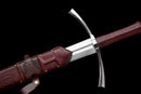 Templar Medieval Longsword — Manganese, Brown leather grip, steel, green gem, brown leather scabbard, tooled.