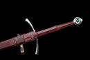 Templar Medieval Longsword — Manganese, Brown leather grip, steel, green gem, brown leather scabbard, tooled.