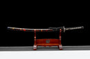 Guren Katana 紅蓮 — San-Mai Red Roast folded steel blade, copper dragon fittings, crimson marbled lacquer saya, black ito handle.