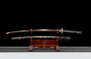 Guren Katana 紅蓮 — San-Mai Red Roast folded steel blade, copper dragon fittings, crimson marbled lacquer saya, black ito handle.