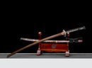 Guren Katana 紅蓮 — San-Mai Red Roast folded steel blade, copper dragon fittings, crimson marbled lacquer saya, black ito handle.