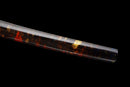 Guren Katana 紅蓮 — San-Mai Red Roast folded steel blade, copper dragon fittings, crimson marbled lacquer saya, black ito handle.