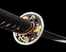 Guren Katana 紅蓮 — San-Mai Red Roast folded steel blade, copper dragon fittings, crimson marbled lacquer saya, black ito handle.
