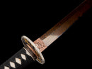 Guren Katana 紅蓮 — San-Mai Red Roast folded steel blade, copper dragon fittings, crimson marbled lacquer saya, black ito handle.
