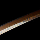 Guren Katana 紅蓮 — San-Mai Red Roast folded steel blade, copper dragon fittings, crimson marbled lacquer saya, black ito handle.