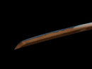Guren Katana 紅蓮 — San-Mai Red Roast folded steel blade, copper dragon fittings, crimson marbled lacquer saya, black ito handle.