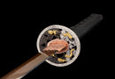Guren Katana 紅蓮 — San-Mai Red Roast folded steel blade, copper dragon fittings, crimson marbled lacquer saya, black ito handle.