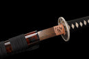Guren Katana 紅蓮 — San-Mai Red Roast folded steel blade, copper dragon fittings, crimson marbled lacquer saya, black ito handle.