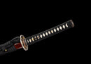Guren Katana 紅蓮 — San-Mai Red Roast folded steel blade, copper dragon fittings, crimson marbled lacquer saya, black ito handle.