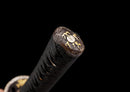 Guren Katana 紅蓮 — San-Mai Red Roast folded steel blade, copper dragon fittings, crimson marbled lacquer saya, black ito handle.