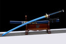 Blue katana with detailed gold accents on sword stand, featuring dragon etching on dark blue scabbard, Aoi Ryū Katana.