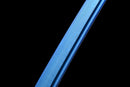 Close-up of a blue Damascus steel katana blade with intricate wave patterns, set against a black background. Aoi Ryū Katana.