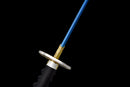Blue-bladed katana with a gold and silver guard and black-wrapped handle on a black background, Aoi Ryū Katana.
