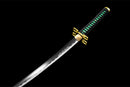 An elegant katana with a wavy silver blade, gold accents, and a black and green woven handle on a black background. Tokito Muichiro Katana.