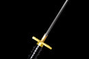 Close-up of a Tokito Muichiro Katana hilt and blade, showcasing a black handle and gold guard against a black background.