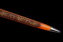 Aurantia Longsword — Spring Steel, Orange leather grip, silver steel guard/pommel, tooled orange leather scabbard.