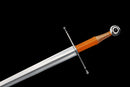 Aurantia Longsword — Spring Steel, Orange leather grip, silver steel guard/pommel, tooled orange leather scabbard.