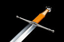 Aurantia Longsword — Spring Steel, Orange leather grip, silver steel guard/pommel, tooled orange leather scabbard.