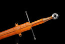 Aurantia Longsword — Spring Steel, Orange leather grip, silver steel guard/pommel, tooled orange leather scabbard.
