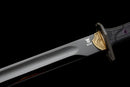 Midnight Tactical Gladius — DLC Elite — 80CrV2 steel, Black grip with pattern, gold guard, black carbon fiber sheath, purple
