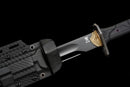 Midnight Tactical Gladius — DLC Elite — 80CrV2 steel, Black grip with pattern, gold guard, black carbon fiber sheath, purple