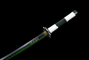 Close-up of a katana with a green zigzag pattern and white handle, featuring intricate designs on a dark blade. Sanemi Shinazugawa Katana.