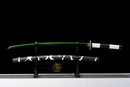 Green-edged Katana with white and green handle, black-and-white sheath on stand, Sanemi Shinazugawa Katana.