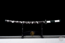 Black and white katana with a white and green handle on a decorative stand, Sanemi Shinazugawa Katana.