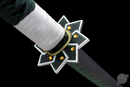 Close-up of a katana hilt with a white-wrapped grip, black and green star-shaped tsuba, and gold accents. Sanemi Shinazugawa Katana.