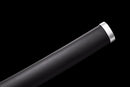 Black katana sheath with silver tip viewed at an angle on a black background, highlighting sleek design and detail. Tanjiro Katana.