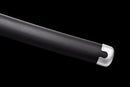 Close-up of a black katana sheath with a silver cap on a black background, showcasing sleek design. Tanjiro Katana.