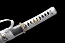 Close-up of a tanto handle wrapped in white cord with gold and black accents on a black background, Ryūjin Tanto.